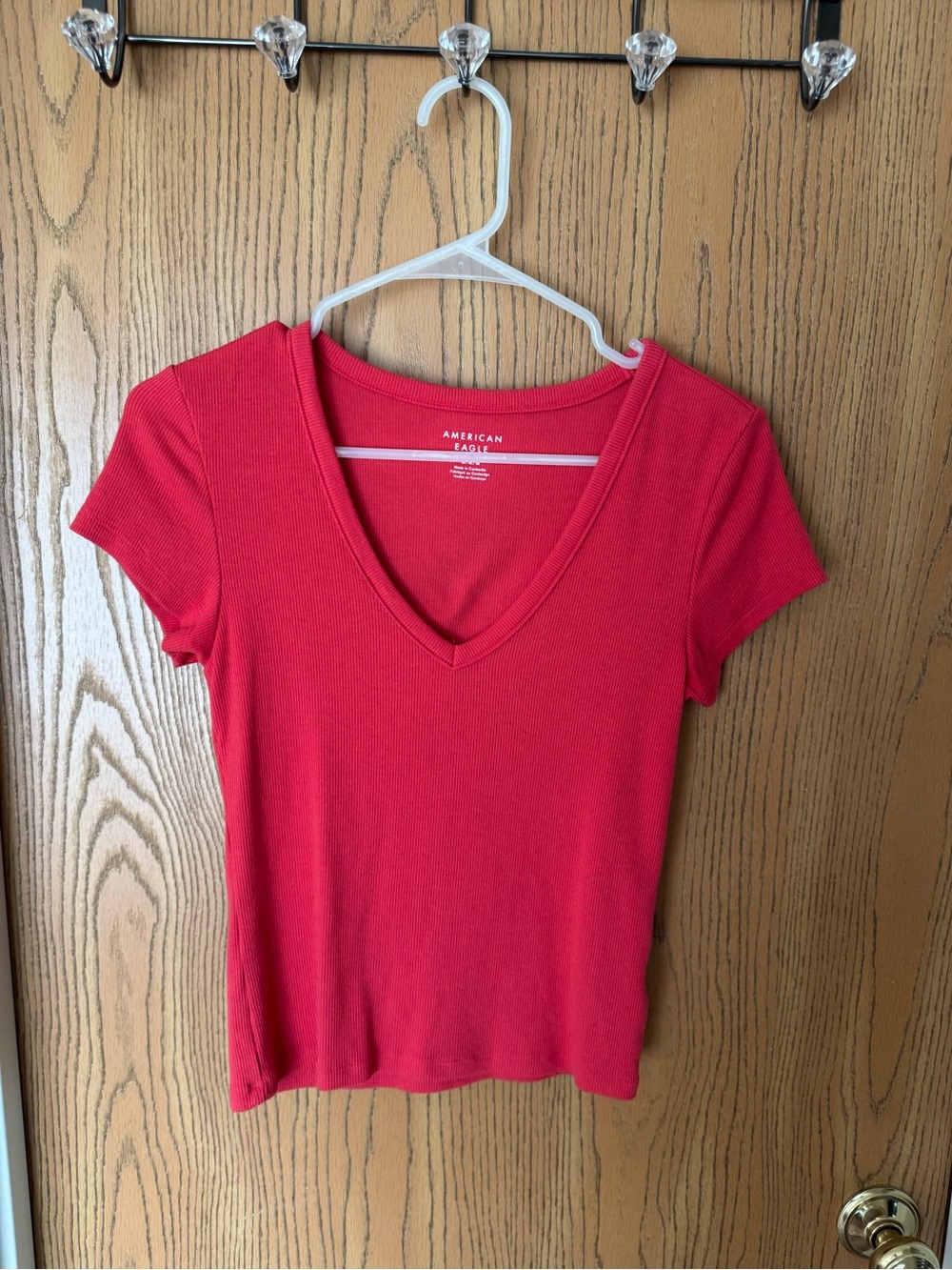 American Eagle Outfitters Baby Tee Red V-Neck Ribbed Tee